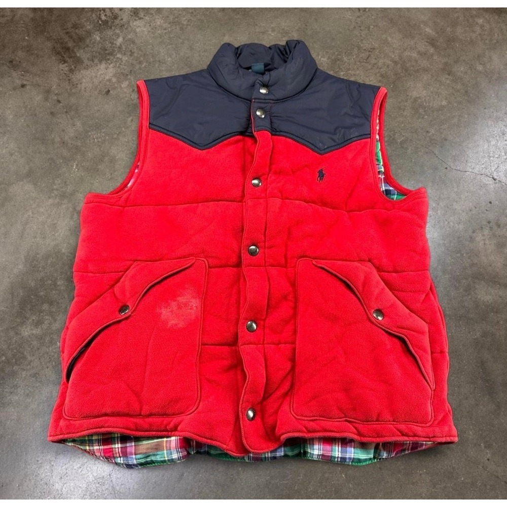 Polo Ralph Lauren Western Fleece Puffer Vest Plaid Lining Red Navy Blue Mens L